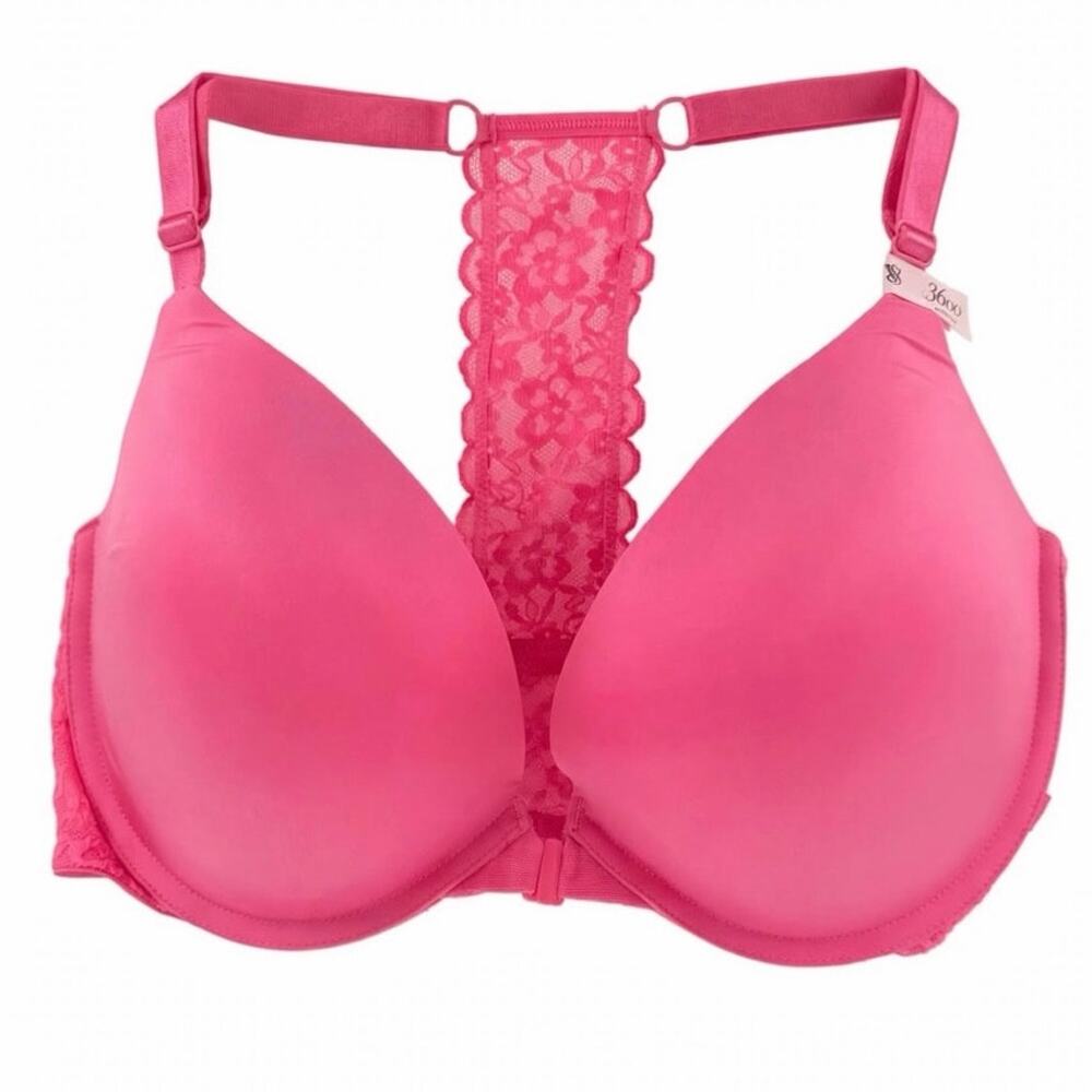 Victoria's Secret 36DD Push-Up Bra Hot Pink Lace Racerback T-Bar Front Close NEW
